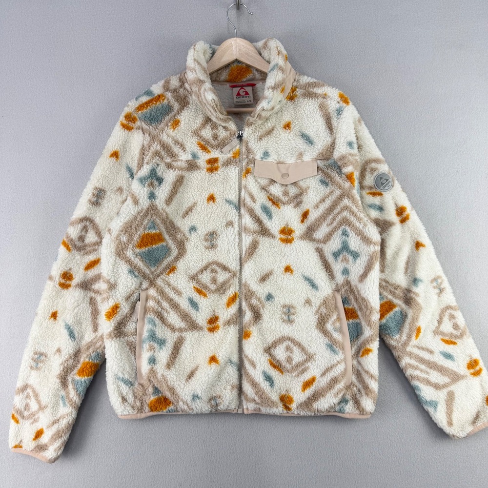 Gerry Fleece Jacket Women Large Cream Southwestern Aztec Full Zip Sherpa